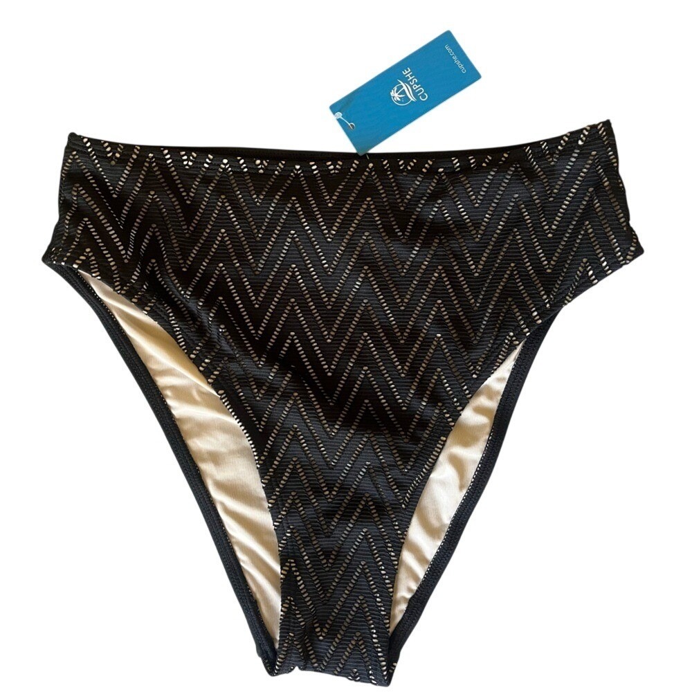 Cupshe Black Laser Cut Chevron High Waisted Bikini Swim Bottom Womens Small NWT